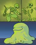 2016 acid ambiguous_gender anthro big_breasts blob_creature bone breasts canid canine canis clothing comic coyote death digital_media_(artwork) dissolving dissolving_skin duo fatal female feral fur gore green_body huge_breasts june_coyote mammal rib_cage skeleton skull slime tan_body tan_fur teeth thick_thighs topwear translucent unwilling_prey virus-20 vore