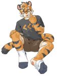 5_fingers absurd_res anthro bent_legs black_clothing black_markings black_shirt black_stripes black_t-shirt black_topwear blush blush_lines bodily_fluids bottomwear brown_bottomwear brown_clothing brown_shorts cheek_tuft clock clothed clothed_male clothing colored cute_fangs digital_drawing_(artwork) digital_media_(artwork) eyebrow_scar eyebrows eyewear facial_scar facial_tuft fangs felid fingers footwear front_view full-length_portrait fully_clothed fully_clothed_male fur gesture glasses hand_gesture hand_on_knee hand_on_leg hi_res inner_ear_fluff joeyzliaotang kemono long_tail looking_at_viewer male male_anthro mammal markings multicolored_body multicolored_fur open_mouth orange_body orange_fur pantherine pink_nose pointing pointing_at_self portrait print_clothing print_shirt print_t-shirt print_topwear scar shaded shirt shorts simple_background sitting socks solo spread_legs spreading striped_body striped_fur stripes sweat t-shirt tail tan_body tan_fur teeth thick_eyebrows tiger topwear tuft watch wearing_glasses whiskers white_background yellow_eyes