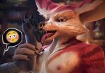 3d_(artwork) absurd_res ambiguous_gender anthro areola big_ears blizzard_entertainment bottomwear breasts bull_ring canid canine claws clothing digital_media_(artwork) duo emoji facial_piercing feet female female/ambiguous female_anthro female_focus flustered flustered_face_emoji foot_fetish foot_focus foot_lick fox fur fur_markings furniture glistening glistening_pawpads hi_res hindpaw inside leg_grab licking looking_at_another male_(lore) mammal markings nipples nose_piercing nose_ring orange_eyes pants pawpads paws peeks_(vulpera) piercing quinn_(vulpera) ring ring_piercing sharp_teeth soles solo_focus spread_toes teeth thought_bubble toes tongue true_fox vixenpeeks vulpera warcraft