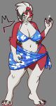 2026 absurd_res anthro bikini black_body black_ear_tips black_fur black_nose blue_bikini blue_clothing blue_swimwear breasts clothing dipstick_ears donedoggo ear_markings female fur generation_7_pokemon hi_res lycanroc markings midnight_lycanroc multicolored_ears navel nintendo pawpads pokemon pokemon_(species) pokemorph red_body red_ears red_eyes red_fur sarong smile solo swimwear two-piece_swimsuit white_body white_fur wide_hips