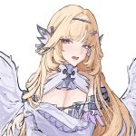  1girl bare_shoulders blonde_hair blue_eyes breasts bunnyoki cleavage commentary cosplay detached_sleeves dress english_commentary genshin_impact highres large_breasts long_hair looking_at_viewer mihoyo nicole_(genshin_impact) open_mouth remielle_dan remielle_dan_(cosplay) simple_background solo twitter_username very_long_hair white_background white_dress white_wings wings zenless_zone_zero 