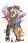 anthro belt black_hair bottomwear brown_hair canid canine canis clothing domestic_cat domestic_dog duo felid feline felis femboy fox hair heart_symbol herutastic hug hugging_another hugging_from_behind husky love male mammal nordic_sled_dog pants red_clothing red_shirt red_t-shirt red_topwear saggy_pants shirt simple_background skirt smile smiling_at_another smiling_at_each_other spitz t-shirt topwear watermark