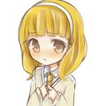  1girl amakaze_sora blonde_hair blush brown_eyes brown_sweater closed_mouth collared_shirt commentary hairband hands_up kise_yayoi lowres necktie nose_blush precure school_uniform shirt simple_background smile_precure! solo sweater upper_body wavy_mouth white_background white_hairband white_shirt yellow_necktie 