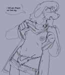 anthro areola barely_visible_genitalia barely_visible_penis blush bodily_fluids bottomwear bottomwear_down breasts bulge canid clothed clothing clothing_lift coat crotch_lines dialogue embarrassed english_text exposed_breasts genitals greyscale gynomorph hair ineffective_underwear intersex looking_aside mammal monochrome navel nipples oculi pants pants_down partially_clothed penis shirt shirt_lift simple_background solo speech_bubble sweat text topwear underwear