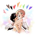  2girls angel angel_wings black_hair blunt_bangs blush breasts brown_hair brown_nails closed_eyes commentary completely_nude english_commentary eyelashes feathered_wings fingernails green_eyes halo heart highres hug mirka_andolfo multiple_girls nail_polish nude open_mouth original pixie_cut short_hair signature smile teeth traditional_halo very_short_hair white_background wings 