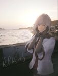  1girl absurdres black_bodysuit black_gloves bodysuit breasts character_name closed_mouth commentary diao_guo_yu elbow_gloves english_commentary english_text feet_out_of_frame girls'_frontline gloves grey_hair grey_jacket hands_on_own_cheeks hands_on_own_face highres jacket medium_hair multicolored_jacket photo_background purple_eyes rpk-16_(girls'_frontline) smile solo standing twitter_username two-tone_jacket wide_sleeves 