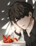  1boy artist_name birthday birthday_cake black_eyes black_hair black_shirt cake cinta_pinkglitter coat collared_shirt commentary english_commentary food fruit head_rest highres kim_dokja male_focus omniscient_reader's_viewpoint shirt short_hair solo strawberry very_short_hair white_coat 