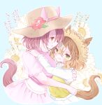  2girls ahoge animal_ears blush braid breasts brown_eyes brown_hair commentary_request dantsu_flame_(umamusume) ear_covers ears_through_headwear flower hair_between_eyes half_up_braid half_up_half_down_braid hat hat_flower highres horse_ears horse_girl horse_tail hug jungle_pocket_(umamusume) long_sleeves medium_breasts medium_hair midriff multicolored_hair multiple_girls navel notched_ear pink_shirt pink_skirt reya_p_d3 shirt short_sleeves skirt small_breasts straw_hat sun_hat tail umamusume white_hair white_skirt yellow_shirt 