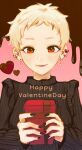  1girl blonde_hair blush box brown_nails brown_sweater chocolate closed_mouth commentary_request ear_piercing earrings english_text eyelashes fingernails gift gift_box happy_valentine heart highres holding holding_box holding_gift idolmaster idolmaster_cinderella_girls jewelry lips long_sleeves multicolored_nails nail_polish orange_eyes piercing pink_background pixie_cut red_nails senzaki_ema short_hair smile solo sweater two-tone_nails upper_body valentine very_short_hair yaoya315 