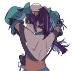  1girl bare_back blue_hair blush cho_kaguya-hime! colored_inner_hair commentary_request detached_sleeves green_eyes hw2cczvywk25860 long_hair lowres multicolored_hair ponytail purple_hair sakayori_iroha sakayori_iroha_(movie_rerelease) sakayori_iroha_(tsukuyomi) shoulder_blades simple_background solo tying_hair white_background 