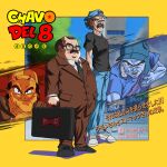  2boys 4boys arms_behind_back bag bald baseball_cap black_eyes black_hair black_necktie black_shirt blue_pants blue_shirt briefcase brown_jacket brown_pants building character_name clenched_hand closed_mouth collared_shirt colored_skin copyright_name crossover denim detective don_ramon double_chin dragon_ball dragon_ball_z el_chavo el_chavo_del_ocho facial_hair fat fat_man formal_clothes full_body glasses hand_on_own_chin hat highres holding holding_bag holding_briefcase jacket jeans long_sleeves looking_at_viewer male_focus multiple_boys mustache necktie open_mouth outdoors pants parody phone quico red_ribbon ribbon senor_barriga shirt shoes short_hair short_sleeves skinny sneakers standing suit suitcase t-shirt very_short_hair white_shirt yellow_background 