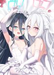  2girls aqua_halo aris_(blue_archive) black_hair blue_archive blue_eyes blush breasts bridal_veil bride commentary double-parted_bangs dress elbow_gloves flower gloves hair_between_eyes half_updo halo highres kei_(blue_archive) long_hair long_hair_between_eyes looking_at_viewer loosely_tucked_bangs moeyachakai multiple_girls open_mouth pink_eyes pink_halo rectangular_halo ringed_eyes siblings sisters small_breasts strapless strapless_dress twins veil wedding_dress white_dress white_flower white_gloves white_hair 