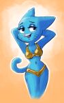 anthro bikini blue_body blue_fur cartoon_network clothing domestic_cat felid feline felis female fur gold_bikini golden_week hands_behind_head latebun looking_at_viewer mammal mature_female navel nicole_watterson smile solo standing swimwear the_amazing_world_of_gumball two-piece_swimsuit