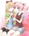  blonde_hair blue_eyes bow casual closed_eyes drink drinking drinking_straw hair_bobbles hair_bow hair_ornament kamiki_uutarou md5_mismatch multiple_girls pink_hair shared_drink sharing sitting skirt toshinou_kyouko twintails yoshikawa_chinatsu yuru_yuri 