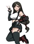  1girl artist_name ass ass_peek bare_shoulders black_gloves black_hair black_skirt black_thighhighs blushyspicy boots bracelet breasts brown_eyes closed_mouth commentary crop_top earrings elbow_gloves english_commentary final_fantasy final_fantasy_vii final_fantasy_vii_remake fingerless_gloves foot_out_of_frame gloves hand_on_own_hip highres jewelry large_breasts leg_up lips long_hair looking_at_viewer low-tied_long_hair midriff miniskirt pink_lips red_boots red_eyes simple_background single_arm_guard skirt smile solo standing standing_on_one_leg suspender_skirt suspenders tank_top thighhighs tifa_lockhart v watermark white_background white_tank_top zettai_ryouiki 