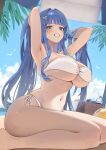  1girl absurdres arcana_(nikke) basket beach beach_umbrella bikini blue_eyes blue_hair blue_sky bottle breasts commentary goddess_of_victory:_nikke highres large_breasts long_hair looking_at_viewer navel neil_(neil_nim) outdoors plastic_bottle sky smile solo stomach swimsuit thighs umbrella underboob untranslatable_commentary very_long_hair water_bottle white_bikini 