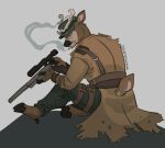 anthro antlers artist_name bandolier bottomwear brown_body brown_fur cigarette cigarette_in_mouth clothing cloven_hooves coat deer drvoidiguana fallout fur green_bottomwear green_clothing green_pants grey_background gun harness holding_gun holding_object holding_ranged_weapon holding_rifle holding_sniper_rifle holding_weapon hooves horn male mammal microsoft object_in_mouth pants ranged_weapon rifle robert_maccready_(fallout) scope simple_background sitting smoke smoking smoking_cigarette solo text topwear torn_clothing weapon wearing_hat
