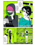  2girls alien_stage apron artist_name black_apron black_hair black_hoodie black_mask cinta_pinkglitter commentary covered_mouth derivative_work english_text green_sweater hand_on_own_neck headphones highres holding hood hood_up hoodie kininatteru_hito_ga_otoko_ja_nakatta mask mizi_(alien_stage) mouth_mask multiple_girls pink_hair purple_eyes right-to-left_comic short_hair sua_(alien_stage) sweater very_short_hair yellow_eyes yuri 