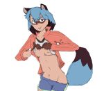 absurd_res anthro blep blue_bottomwear blue_clothing blue_hair blue_shorts blue_tail bottomwear bottomwear_down brand_new_animal breasts canid canine clothed clothing clothing_lift colored_sketch dark_ears dextrose_(artist) dipstick_hair dipstick_tail facial_markings female flashing flashing_breasts gloves_(marking) hair head_markings hi_res jacket mammal markings mask_(marking) michiru_kagemori multicolored_eyes navel nipples no_underwear open_clothing open_jacket open_topwear pants pants_down partially_clothed pointy_ears presenting presenting_breasts prick_ears raccoon_dog red_clothing red_jacket red_topwear shorts sketch slim smug_expression smug_eyes smug_grin solo studio_trigger tail tail_markings tanuki tongue tongue_out topwear