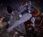 3d_(artwork) absurd_res anthro barefoot blue_body bottomwear clothed clothing digital_media_(artwork) equid equine feet female friendship_is_magic genitals hair hasbro hi_res hotpants lens_flare mammal motorcycle multicolored_hair multicolored_tail my_little_pony no_underwear purple_eyes rainbow_dash_(mlp) rainbow_hair rainbow_tail shorts solo steamyart tail vehicle vulva vulva_through_leghole