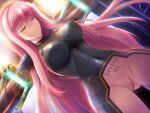  1girl black_bodysuit blush bodysuit bound breasts censored closed_eyes closed_mouth covered_navel divine_heart_makina divine_heart_makina_(character) dutch_angle game_asset hair_between_eyes kagemusya kurusu_makina_(divine_heart_makina) large_breasts lens_flare long_hair magical_girl mosaic_censoring no_armor non-web_source official_art outstretched_arms pink_hair pubic_tattoo pussy restrained self-datamine skin_tight solo standing stationary_restraints straight_hair tattoo variant_set very_long_hair visual_novel_cg 