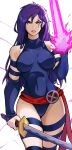  1girl alex_dos_diaz breasts commentary gloves halter_leotard halterneck highleg highleg_leotard highres large_breasts leotard long_hair looking_at_viewer marvel psylocke purple_eyes purple_hair purple_leotard sash solo superhero_costume sword waist_sash weapon x-men 