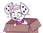 101_dalmatian_street 101_dalmatians american_flag black_nose black_spots box canid canine canis cardboard cardboard_box collar collar_tag container dalmatian destiny_(101_dalmatians) disney domestic_dog feral fragile_sign fur heart_collar_tag higglytownhero mammal markings mole_(marking) pink_collar pink_inner_ear solo spots spotted_body spotted_fur triple_d_(101_dalmatians) united_states_of_america white_body white_fur