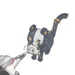  1boy animal animal_focus arknights black_cat cat chinese_commentary colored_sclera commentary_request dragon_bean_(arknights) flying_sweatdrops heterochromia highres mask mouth_hold out_of_frame pointing simple_background tail tail_ornament tail_ring wang's_cat_(arknights) wang_(arknights) white_background wuye_qi_shi_yueliang_luoxiale_ma yellow_sclera 