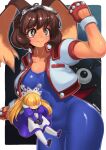  2girls animal_ears apron bat_wings belt_collar blonde_hair blue_unitard blunt_bangs blush bob_cut border breasts brown_eyes brown_hair collar collarbone commentary_request cowboy_shot dress fernandez fingerless_gloves gloves goggles goggles_on_head gradient_background hair_over_eyes head_wings highres kainan long_hair maid maid_headdress makihara_arina mary_janes multiple_girls purple_dress rabbit_ears robot_ears shoes signature simple_background solo_focus tesse thick_thighs thighs waku_waku_7 wings wrist_belt 