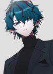  1boy absurdres arknights arknights:_endfield blue_eyes blue_hair camille_(arknights) closed_mouth commentary earrings from_below highres jewelry kurloves looking_at_viewer male_focus neck_tattoo pointy_ears single_earring solo sweater tattoo turtleneck turtleneck_sweater vampire white_background 