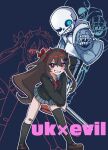  1boy 1girl asymmetrical_legwear bandaid bandaid_on_arm bandaid_on_knee bandaid_on_leg black_cardigan black_sclera black_shorts black_socks black_thighhighs blue_eyes blue_hoodie blue_jacket blue_shirt blue_skirt bow bowtie broken_heart broken_heart_hair_ornament brown_hair brown_shoes cardigan character_name colored_sclera commentary_request crossover evil_neuro-sama evil_neuro-sama_(1st_costume) full_moon grin hair_between_eyes hair_ornament hair_ribbon heart heart_hair_ornament highres holding holding_lead_pipe hood hood_down hoodie horns jacket lead_pipe long_hair looking_at_viewer miniskirt moon one_eye_closed pink_slippers pleated_skirt qianyunyanya red_bow red_bowtie red_eyes red_horns red_ribbon ribbon sans_(undertale) shirt shoes shorts single_sock single_thighhigh skeleton skirt slippers smile socks standing teeth thighhighs two_side_up undertale uneven_legwear utdr_(toby_fox) vedal_ai virtual_youtuber white_shirt zoom_layer 