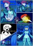 alfonso_memes_inojosa amphibian angry anthro big_hands blue_hair breasts clothing comic cross-popping_vein dialogue duo empty_eyes featureless_breasts featureless_crotch female female_anthro female_feral feral feral_to_anthro forest freckled_face freckles frog green_body green_clothing green_hoodie green_topwear hair hi_res hoodie horizontal_pupils human kissing long_hair male male_human mammal medium_breasts night open_mouth outside plant pupils question_mark red_hair shrub sky smile spanish_text standing text toad_(frog) topwear transformation translated tree wide_hips yellow_eyes