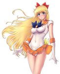  aino_minako back_bow bishoujo_senshi_sailor_moon blonde_hair blue_eyes bow choker covered_navel cowboy_shot earrings elbow_gloves gloves hair_bow half_updo highres jewelry long_hair looking_at_viewer magical_girl orange_choker orange_sailor_collar orange_skirt red_bow sailor_collar sailor_senshi_uniform sailor_venus shoulder_pads simple_background skirt skirt_lift solo standing thighs very_long_hair white_background white_gloves wind wind_lift zzy 