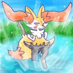 1:1 2024 ambiguous_anthro ambiguous_gender annyui0611 anthro blush blush_stickers braixen canid digital_drawing_(artwork) digital_media_(artwork) dipstick_tail front_view full-length_portrait generation_6_pokemon hi_res looking_at_viewer mammal markings nintendo object_in_tail on_one_leg open_mouth open_smile outside pokemon pokemon_(species) portrait smile snout solo standing stick stick_in_tail tail tail_markings water