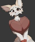  1girl absurdres animal_ear_piercing animal_ears blonde_hair blush bra bralines breasts breasts_squeezed_together brown_eyes commentary cooliehigh crop_top ear_piercing english_commentary fox_ears fox_girl furry furry_female gem handsfree_breast_squeeze highres huge_breasts jewelry looking_at_viewer multicolored_hair necklace nervous open_mouth original piercing red_gem red_shirt shirt shorts silver_necklace smile snout solo sweat thick_eyelashes two-tone_hair underwear upper_body white_hair white_shorts 