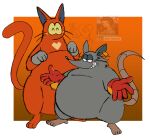 anthro belly big_belly blush clothing domestic_cat duo ear_piercing ear_tag felid feline felis fur gloves grey_body grey_fur handwear heart_(mad_rat_dead) mad_rat_(mad_rat_dead) mad_rat_dead male mammal murid murine nippon_ichi_software overweight peppermintsrb2 piercing rat red_body red_fur rodent smile