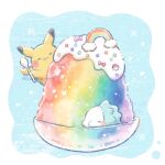  :3 blush_stickers bowl closed_eyes commentary_request dessert food highres holding holding_spoon pikachu pokemon pokemon_(creature) pokemon_focus rainbow rainbow_ice_cream shaved_ice smile snom snow snowflakes spoon sprinkles temariame14 watermark white_background 