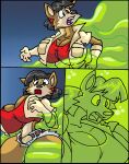 2016 acid ambiguous_gender anthro belt big_breasts black_hair blob_creature bottomwear breasts brown_body brown_fur canid canine canis clothing comic coyote crop_top digital_media_(artwork) duo female feral fur gloves green_body hair handwear huge_breasts jacket june_coyote mammal open_mouth shirt shorts slime tan_body tan_fur teeth thick_thighs topwear translucent unwilling_prey virus-20 vore