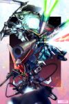  absurdres artist_name bazooka_(gundam) calamity_gundam commentary double_beam_cannon fire firing forbidden_gundam green_eyes gundam gundam_seed highres holding holding_scythe mecha mecha_focus mobile_suit no_humans pointing pointing_at_viewer raider_gundam robot science_fiction scythe soezy v-fin 