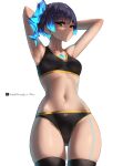  1girl arms_behind_head arms_up black_panties black_sports_bra blue_hair breasts chest_jewel fiery_hair glowing_lines highres looking_at_viewer multicolored_hair navel panties riro_(breakthrough_rr) sena_(xenoblade) side_ponytail small_breasts solo sports_bra stomach thighhighs two-tone_hair underwear xenoblade_chronicles_(series) xenoblade_chronicles_3 yellow_trim 