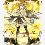  1girl ;d bad_id bad_pixiv_id bare_shoulders brown_hair cannon character_name cloud detached_sleeves english frilled_skirt frills hair_ornament hairband highres japanese_clothes kantai_collection kongou_(kantai_collection) long_hair nontraditional_miko ocean one_eye_closed open_mouth ribbon-trimmed_sleeves ribbon_trim ship skirt sky smile solo splashing sunset thighhighs translation_request turret watercraft yellow_eyes zettai_ryouiki 