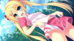  1girl blonde_hair bow cowboy_shot dutch_angle forest game_asset green_eyes hair_bow hinata_nao holding_own_skirt hoshimi_miku midriff miniskirt nature non-web_source official_art outdoors pink_skirt shirt short_sleeves skirt smile solo sportswear standing tennis_uniform twintails two-tone_shirt white_shirt wire_fence yuuwaku_scramble 