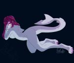  2019 absurd_res anthro breasts butt dark digital_drawing_(artwork) digital_media_(artwork) female fish hair hi_res kotalis lapfox_trax looking_at_viewer marine mayhem_(renard) nude pose shark simple_background smile solo 