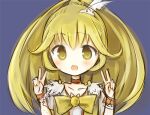  1girl :d amakaze_sora blonde_hair blue_background blush bow commentary cure_peace double_v dress hair_between_eyes hands_up kise_yayoi long_hair looking_at_viewer lowres ponytail precure simple_background smile smile_precure! solo upper_body v yellow_bow yellow_dress yellow_eyes 