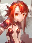  armor bikini_armor black_wings dark_minerva_(p&amp;d) hair_ornament head_wings leaf leaf_hair_ornament long_hair minerva_(p&amp;d) multiple_wings odibil orange_eyes pauldrons puzzle_&amp;_dragons red_hair smile solo white_wings wings 