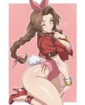  1girl absurdres aerith_gainsborough animal_ears bow braid braided_ponytail breasts brown_hair cleavage commentary final_fantasy final_fantasy_vii final_fantasy_vii_remake finger_to_mouth green_eyes hair_bow hand_up high_heels highres index_finger_raised jacket jewelry leotard long_hair looking_at_viewer one_eye_closed parted_bangs playboy_bunny pointing sidelocks smile solo strapless strapless_leotard vizaz 
