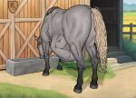 2025 barn belly big_belly black_legs blue_eyes butt dragonczech drinking duo equid equine fence feral feral_pred fully_inside grass grey_body grey_butt grey_ears hair hi_res horse horse_tail human human_prey male male_pred mammal mountain plant rumbling_stomach stable stairs tail unseen_prey vore white_hair white_tail