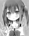 1girl amakaze_sora blush bow collarbone grey_background greyscale hair_between_eyes hair_ornament hairclip hand_up index_finger_raised looking_at_viewer lowres monochrome off-shoulder_shirt off_shoulder one_side_up original parted_lips shirt short_sleeves solo 