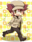  1girl bag black_bag black_boots black_pants black_shirt blush boots brown_eyes brown_hair brown_hat brown_jacket collared_jacket commentary_request deformed drop_shadow eyelashes full_body glasses handbag hat high_heel_boots high_heels holding_strap jacket kabuyou latias latias_(human)_(pokemon_adventures) long_sleeves official_alternate_costume open_mouth pants pokemon pokemon_adventures shirt short_hair smile solo star_(symbol) walking 