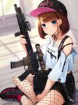  1girl absurdres american_flag ar-15 assault_rifle barbell_piercing bare_shoulders baseball_bat bcm_mcmr between_legs black_hat black_ribbon black_shoes black_shorts blunt_bangs blush bob_cut choker commentary_request crop_top ear_piercing earrings enpera_(jdud8375) fishnet_pantyhose fishnets foregrip green_eyes gun hand_between_own_legs hat highres holding holding_gun holding_weapon indian_style indoors industrial_piercing jewelry laser_sight looking_at_viewer lpvo magazine_(weapon) midriff_peek nail_polish off_shoulder original pantyhose parted_bangs parted_lips phallic_symbol piercing pink_hat pink_nails red_hair revision ribbon ribbon_choker rifle school_uniform scope see-through_magazine_(weapon) serafuku shirt shoes short_hair shorts sitting sneakers solo star_(symbol) star_earrings strap vertical_foregrip wallet_chain weapon white_shirt zipper zipper_pull_tab 